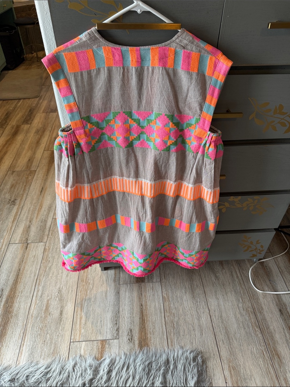 Sleeveless Embroidered Tunic Dress - Gray with Neon Pink & Coral Accents - Picture 3 of 6